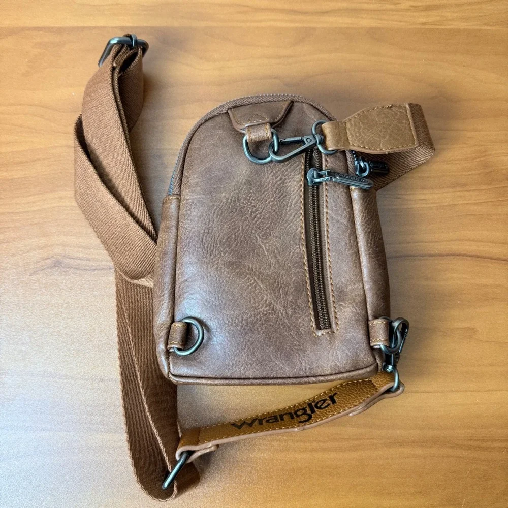Wrangler Brown Vegan Leather Crossbody Sling Bag Western Travel Mini Backpack‎